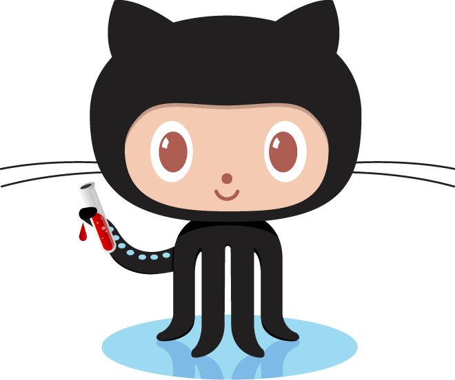 GitHub's Mascot, Octocat, holding the Jekyll logo (a vial with red liquid) in one of it's tentacles. The image is from the Jekyllrb.com landing page.